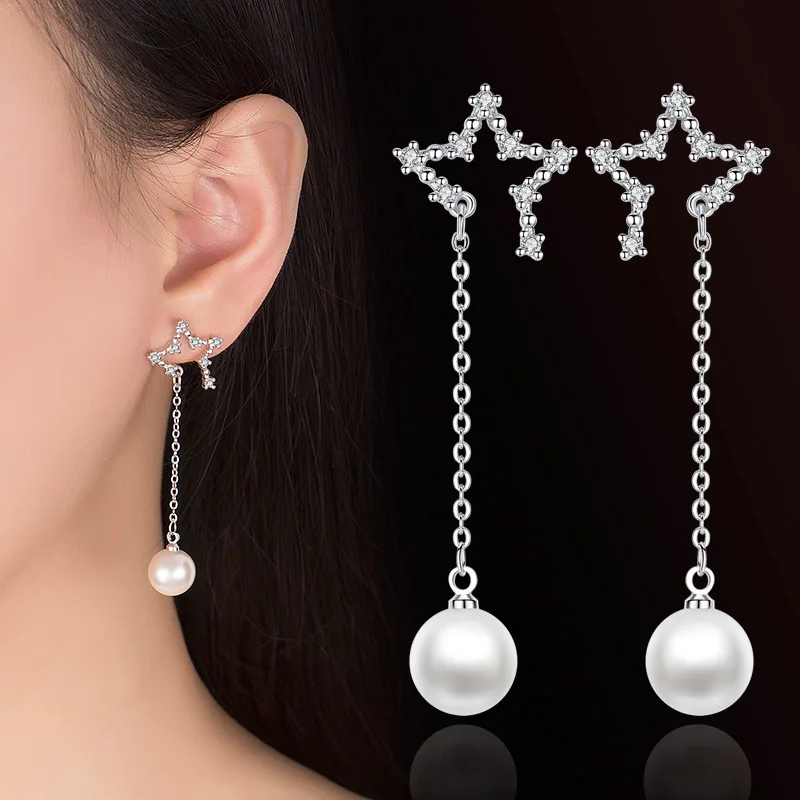 

100% 925 sterling silver fashion shiny crystal star pearl ladies`tassels drop earrings jewelry female gift cheap
