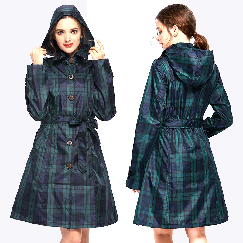 

NEW Womens Stylish Long Green Grid Rain Poncho Waterproof Raincoat Jacket Coat with Hood and Belt