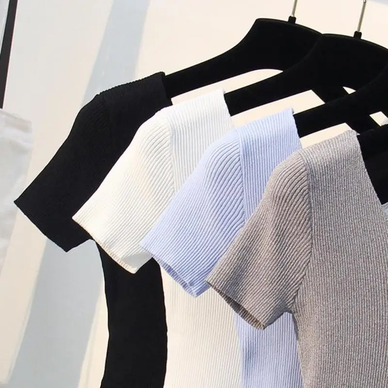 V-neck Slim Knitting Tees Women 2019 Summer Stretch Sweaters Ladies Pullovers Female Tops Grey White Black Knitwear High Quality | Женская