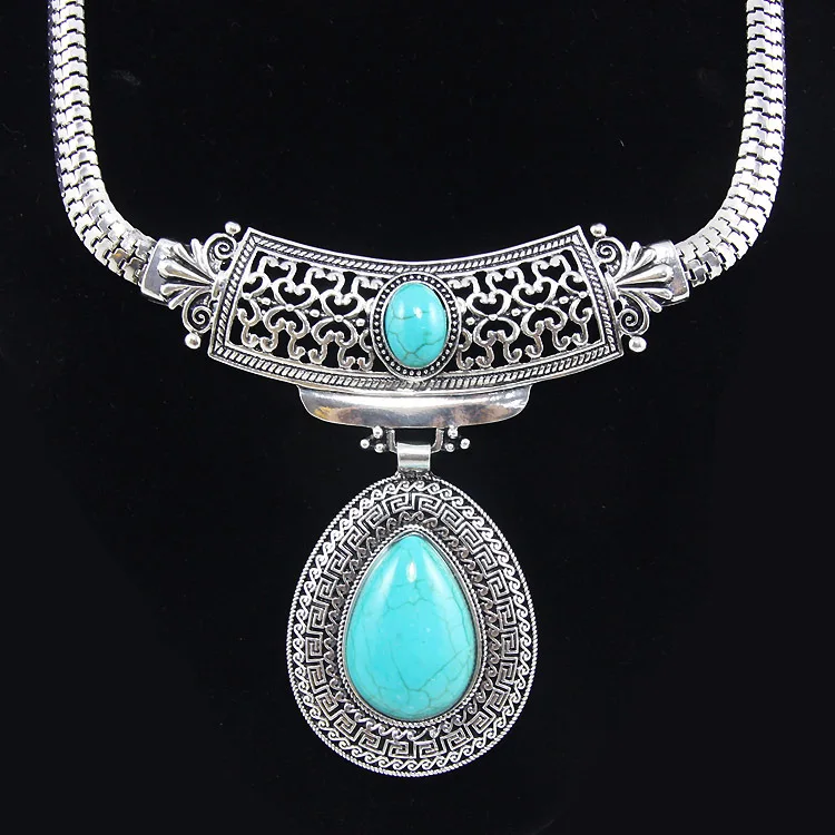 Винтажный металлический чокер-ожерелье с серебряной цепью и голубым камнем с камнями - утверждение ожерелья для женщин ювелирных изделий nkek98.