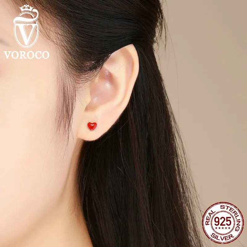 VOROCO,, 925 пробы, серебряное, красное сердце, серьги-гвоздики, романтическая любовь, маленькие серьги для женщин, свадебные, роскошные ювелирные изделия VSE147