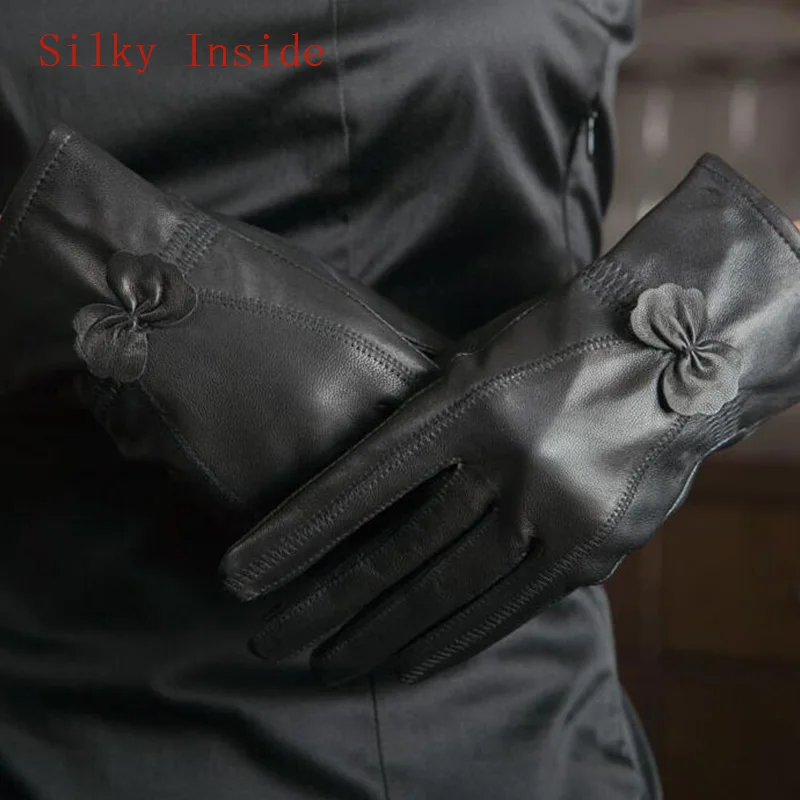 Silky Black Женская обувь из натуральной кожи; из овечьей кожи бабочка knotl перчатки женские зимние тонкие/плотная обувь с подкладкой из плюша, кашемир теплый спортивный костюм с водительские перчатки L74 - Цвет: Silky Black