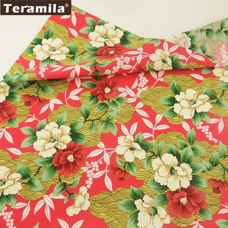 Teramila Cotton Poplin Fabric Red Fat Quarter Meter Quilting Printed Flower Design Dress Chirdren's Cloth Patchwork Sewing|patchwork sewing|cotton