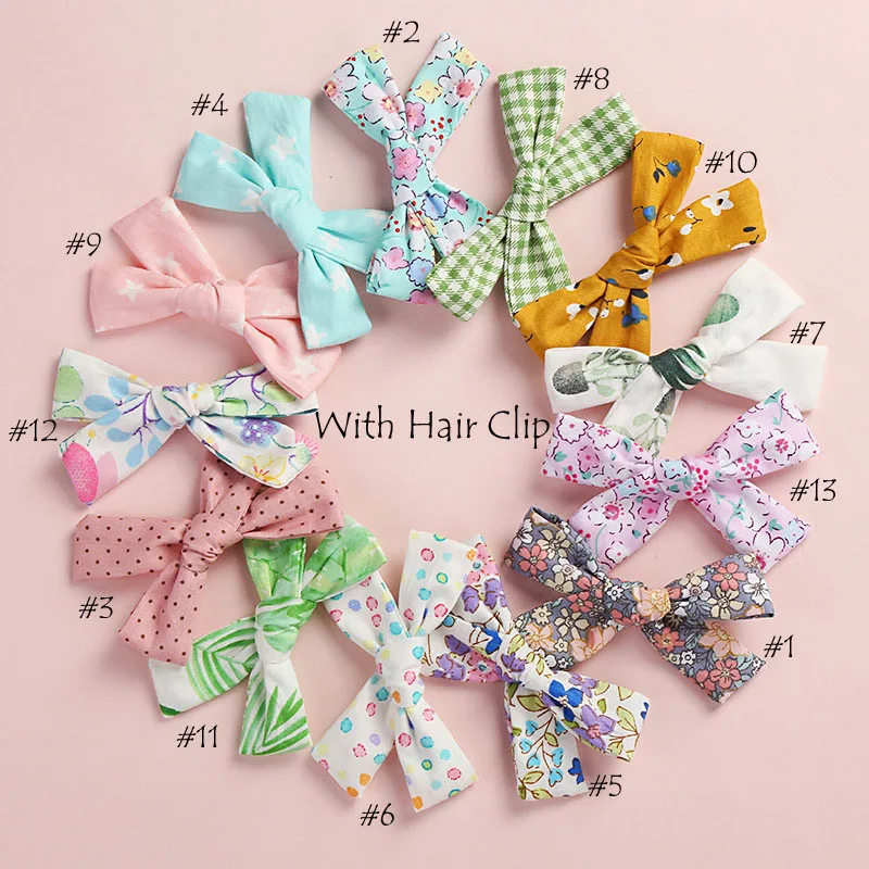 with hair clips 13 шт./лот, цветочный принт, ручная вязка, для школьницы, бант из нейлона, повязка на голову или заколки для волос, весна-лето, тканевые повязки на голову с бантом - Цвет: with hair clips