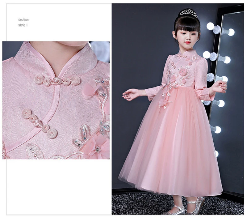 С цветочным рисунком для маленьких девочек Cheongsam Qipao платье для детей с новогодней елкой, бумажный новогодние костюмы Ткань Детские платья Свадебный костюм, одежда