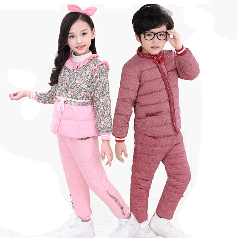 Зимняя одежда для мальчиков и девочек комплект одежды куртка пуховик+ брюки