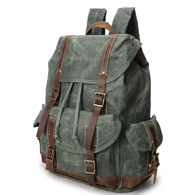 

2022 Vintage Waxed Canvas Men Backpack Large capacity Military Oiled Leather School Backpack Male Rucksack Waterproof Travel Bag