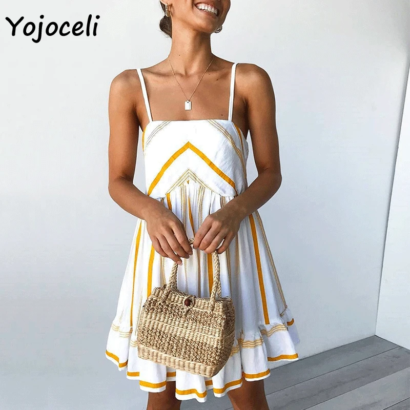 Yojoceli шикарное Полосатое богемное пляжное платье женское повседневное рюшами