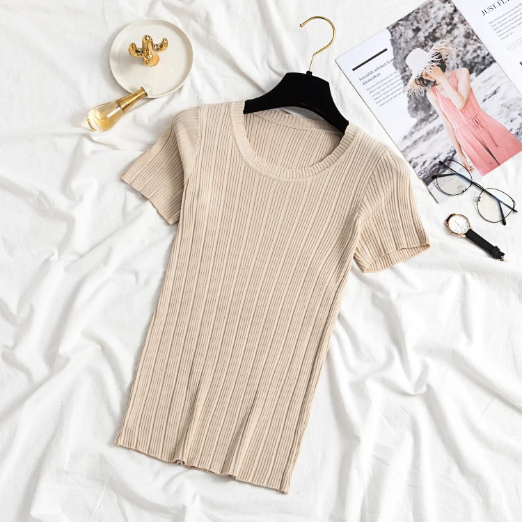 2019 Women Summer Tops Knitted Sweaters and Pullovers O Neck Short Sleeve Solid Knitting Tshirts all-match sleeve sweater | Женская