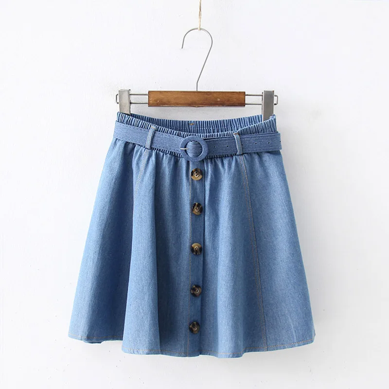

Girls lined denim skirt laced waist solid color small fresh skirt A word denim skirt ladies