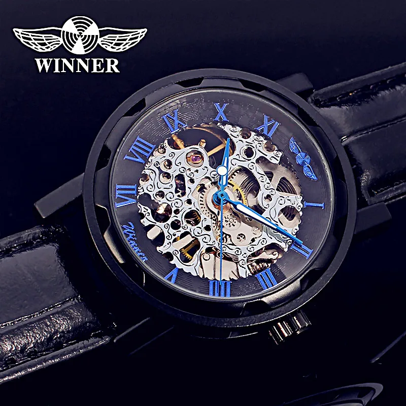 

Winner Black Gold Male Clock Men Relogios Skeleton Mens Watches Top Brand Luxury Montre Leather Wristwatch Men Mechanical Watch