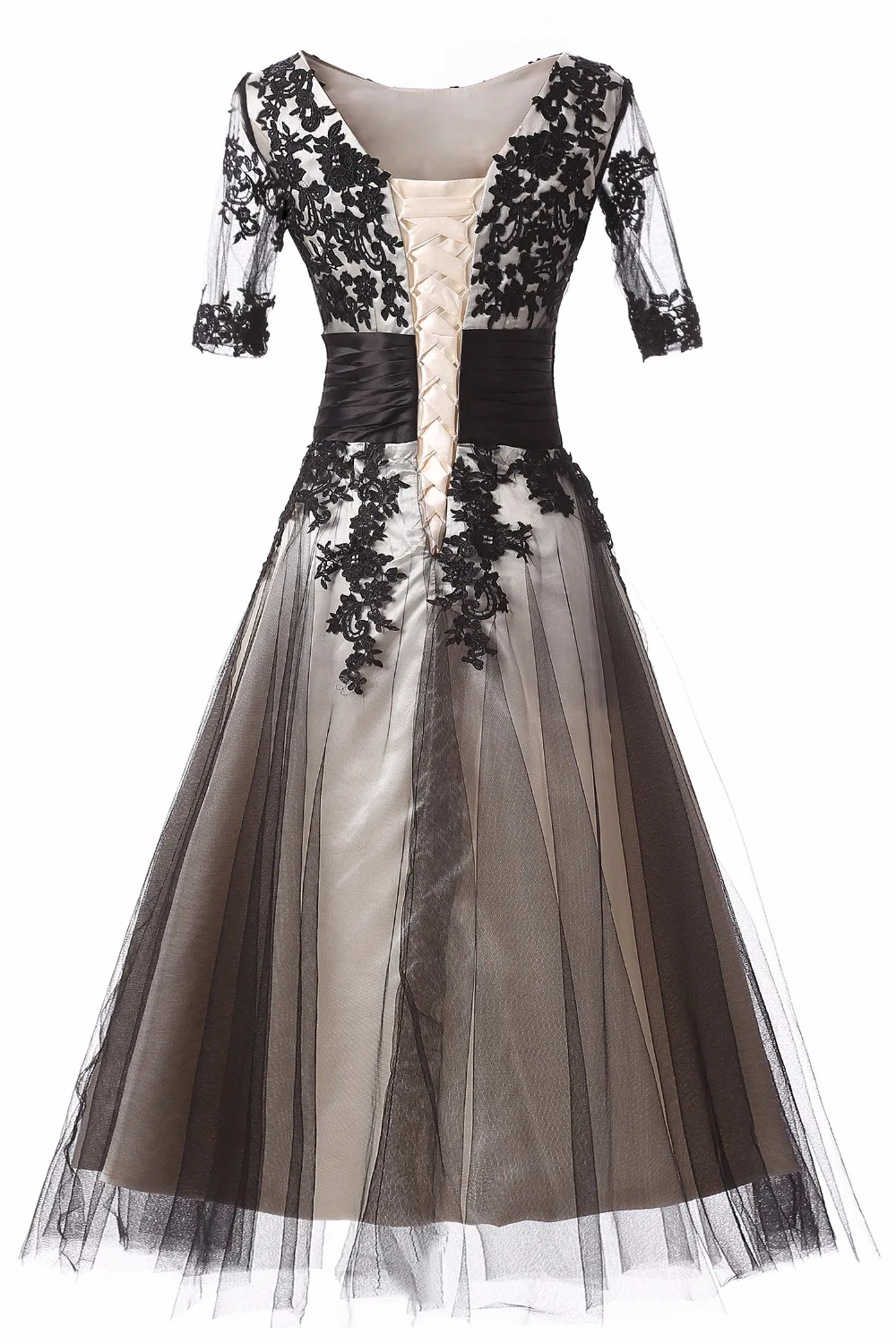 Черные открытые чай Длина вечернее платье Кружева Аппликация Половина рукава