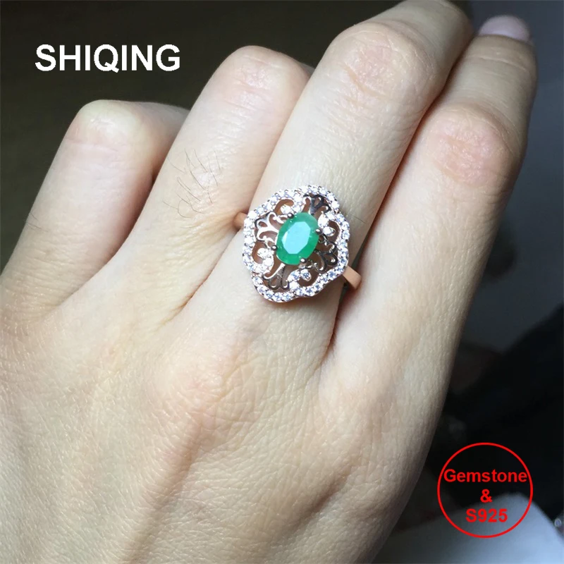 

SHIQING Nature 1ct genuine green emerald 925 sterling silver flower art deco vintage boutique ring for women