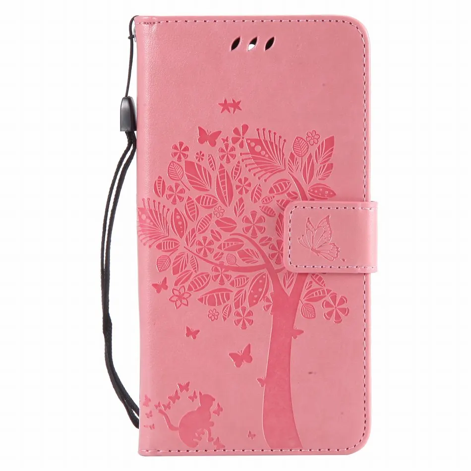 Pink Coque слот для карт кожаные чехлы для телефонов Xiaomi 5 6 5X Mix 2 Redmi 3 3S Note3 Note 4X Mi5 Mi6 дерево кошка тисненый узор с бабочками P06H - Цвет: Pink