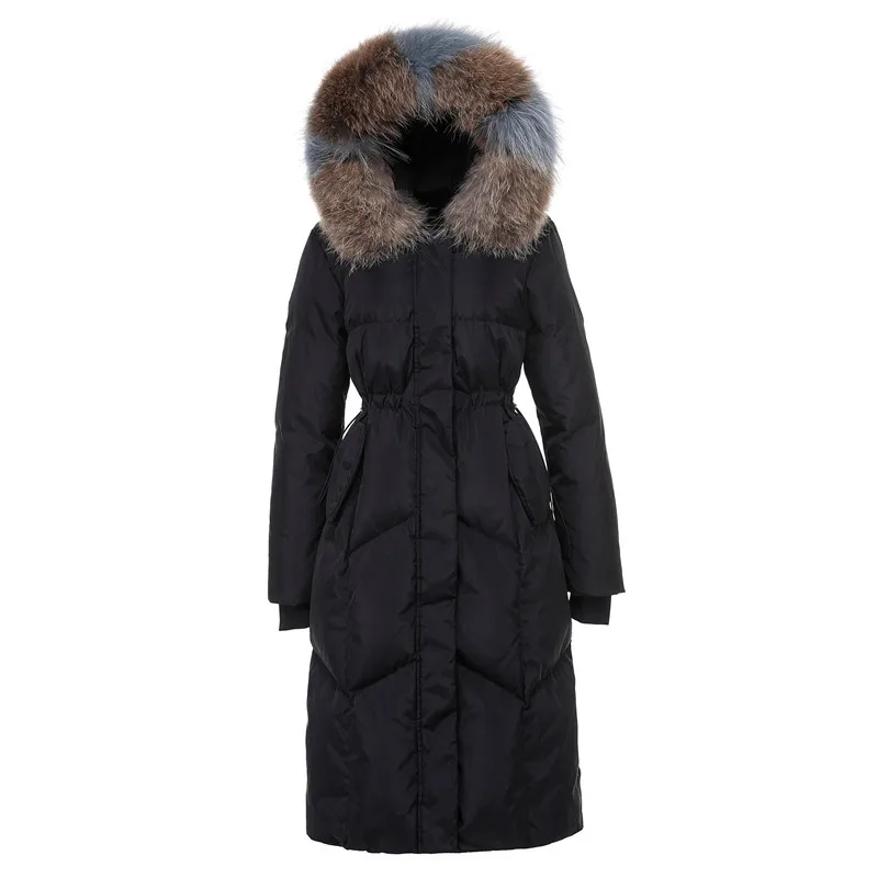 2018 пуховик женские зимние длинные пальто натуральный мех с капюшоном Белые парки