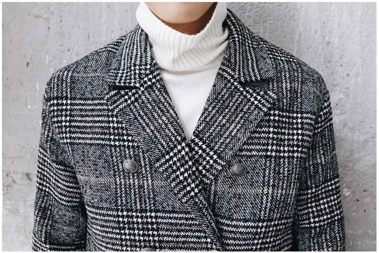 New Winter Double-breasted Plaid Wool Coat Men Loose Blends Windbreaker Fashion Vintage Tartan Long Men's Outerwear DS50825