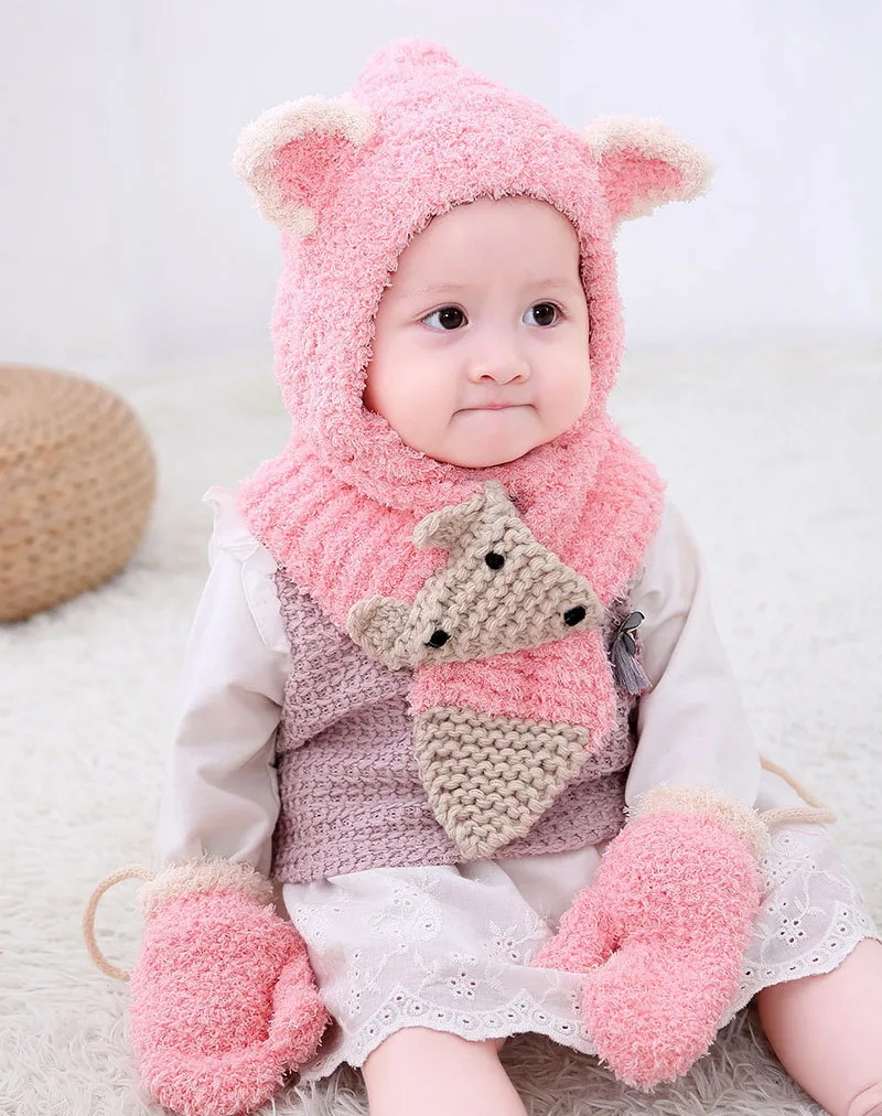 6 months to 3 Years old cartoon fox beanies hats sets wool kids soft winter 3 pcs baby boys girl scarf hat glove set