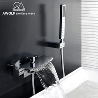 wall mounted bathroom waterfall faucet solid brass bathtub shower mixer tap dual handle dual hole black chrome shower set ml8066