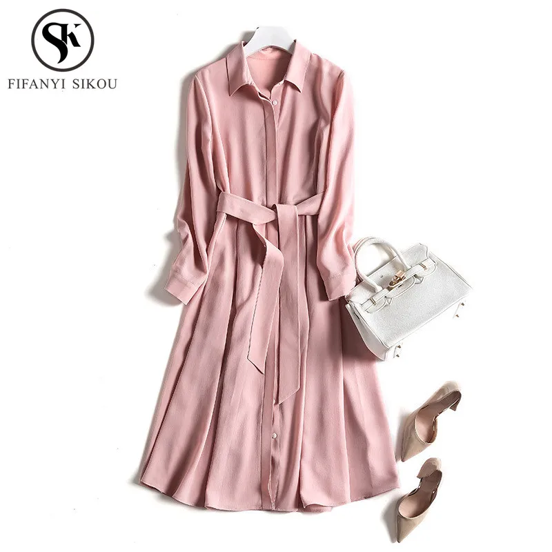 Женское однобортное платье рубашка с длинным рукавом элегантное офисное длинное