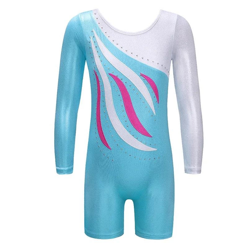 B196 LightBlue BAOHULU/балетный гимнастический танцевальный костюм для детей от 3 до 11 лет балетные трико с длинными рукавами для девочек, детские блестящие костюмы для занятий спортом, танцевальная одежда - Цвет: B196 LightBlue