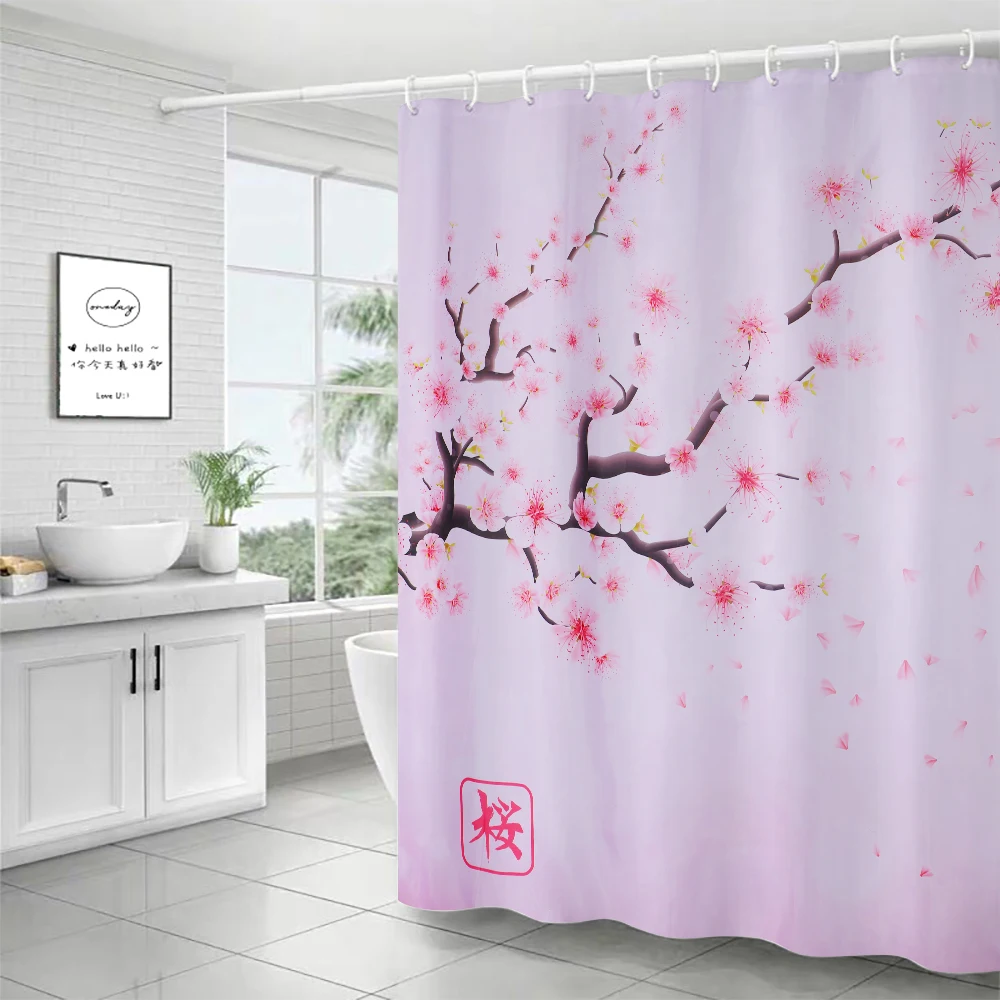 Занавеска для душа из водонепроницаемой полиэстерной ткани с розовыми цветами