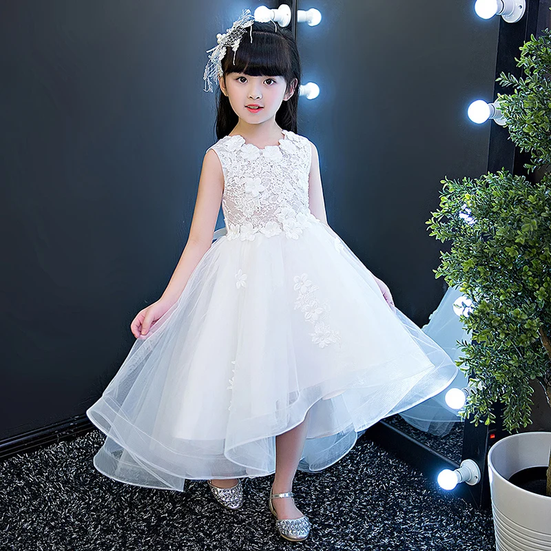 

Glizt White Appliques Tulle Flower Girl Dress Trailing Kid Party Dress Wedding Gown Girls First Communion Dresses Princess