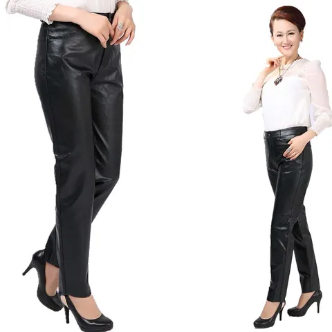 Новые модные женские мягкие кожаные брюки, женские повседневные леггинсы, длинные черные брюки большого размера