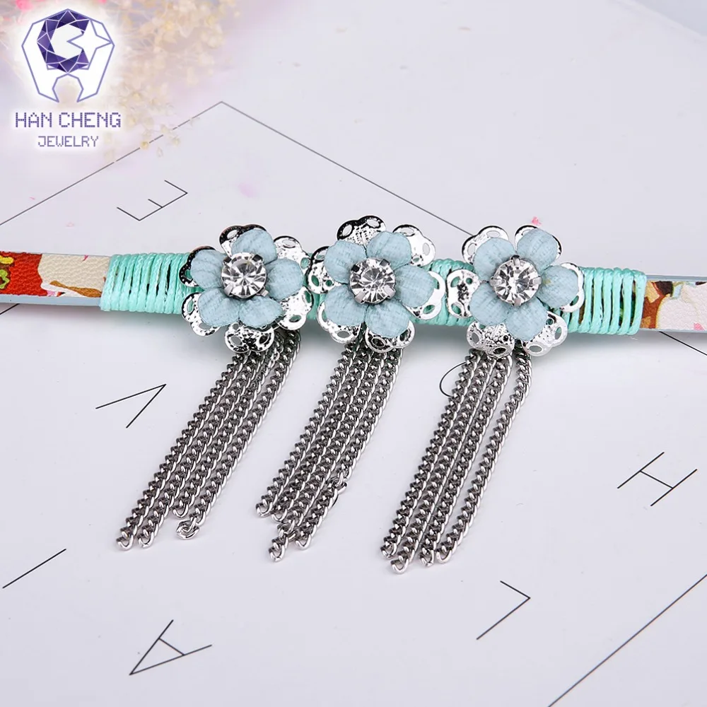 HanCheng Новая мода кисточкой PU ремень резной серебряной стороне горный хрусталь