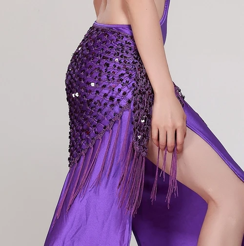 Purple 12 цветов, одежда для занятий танцами живота, аксессуары, тянущаяся Длинная кисточка, треугольный пояс, ручная вязка, танец живота, набедренный шарф с блестками - Цвет: Purple