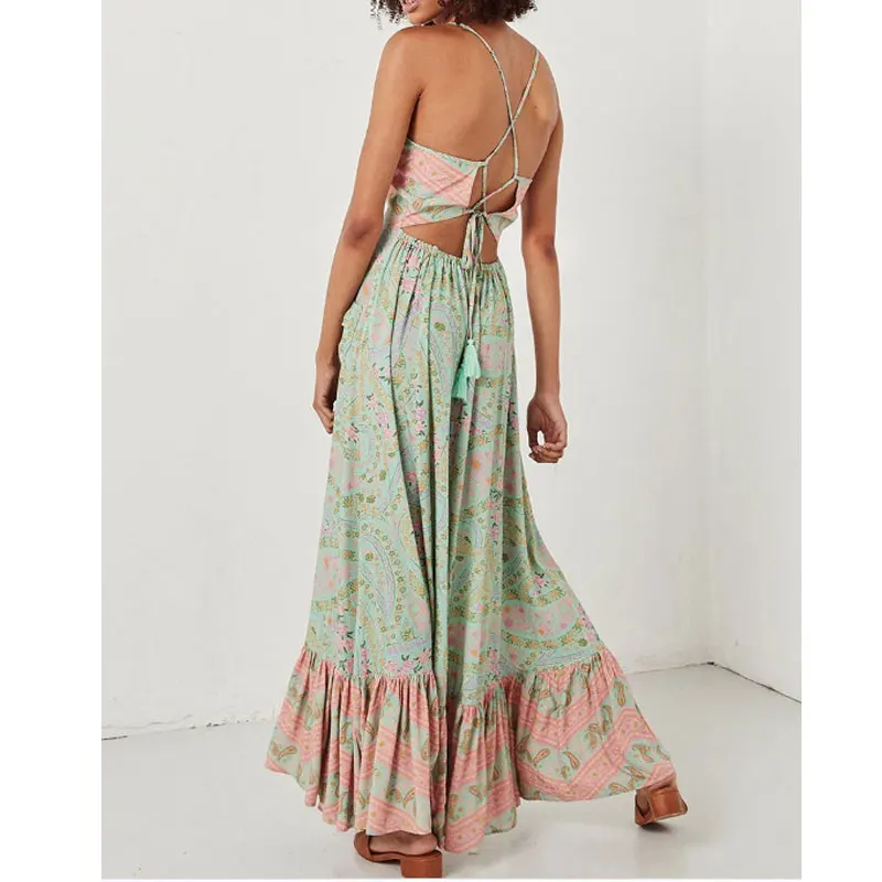 Женское пляжное платье с открытой спиной Boho свободное повседневное оборками