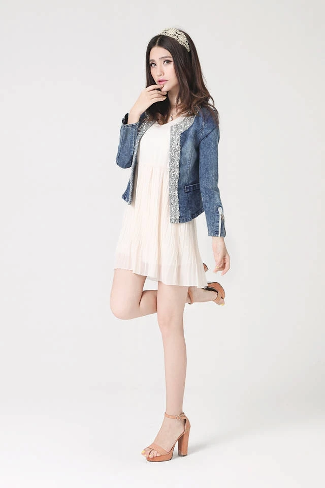 Женская короткая джинсовая куртка с блестками в стиле ретро | одежда