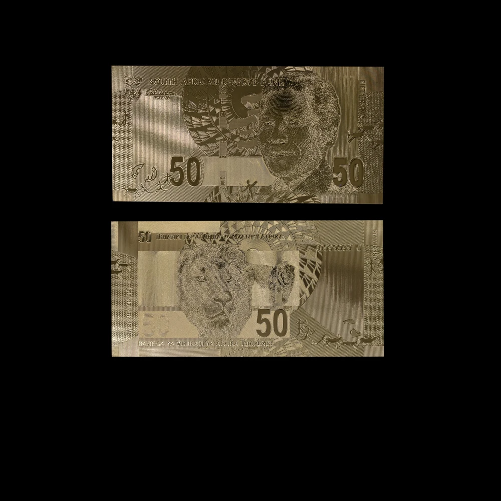 10pcs/lot Gold Plated World Currency Paper South African 50 Rand Foil Bank Note Money Banknote Collection | Дом и сад