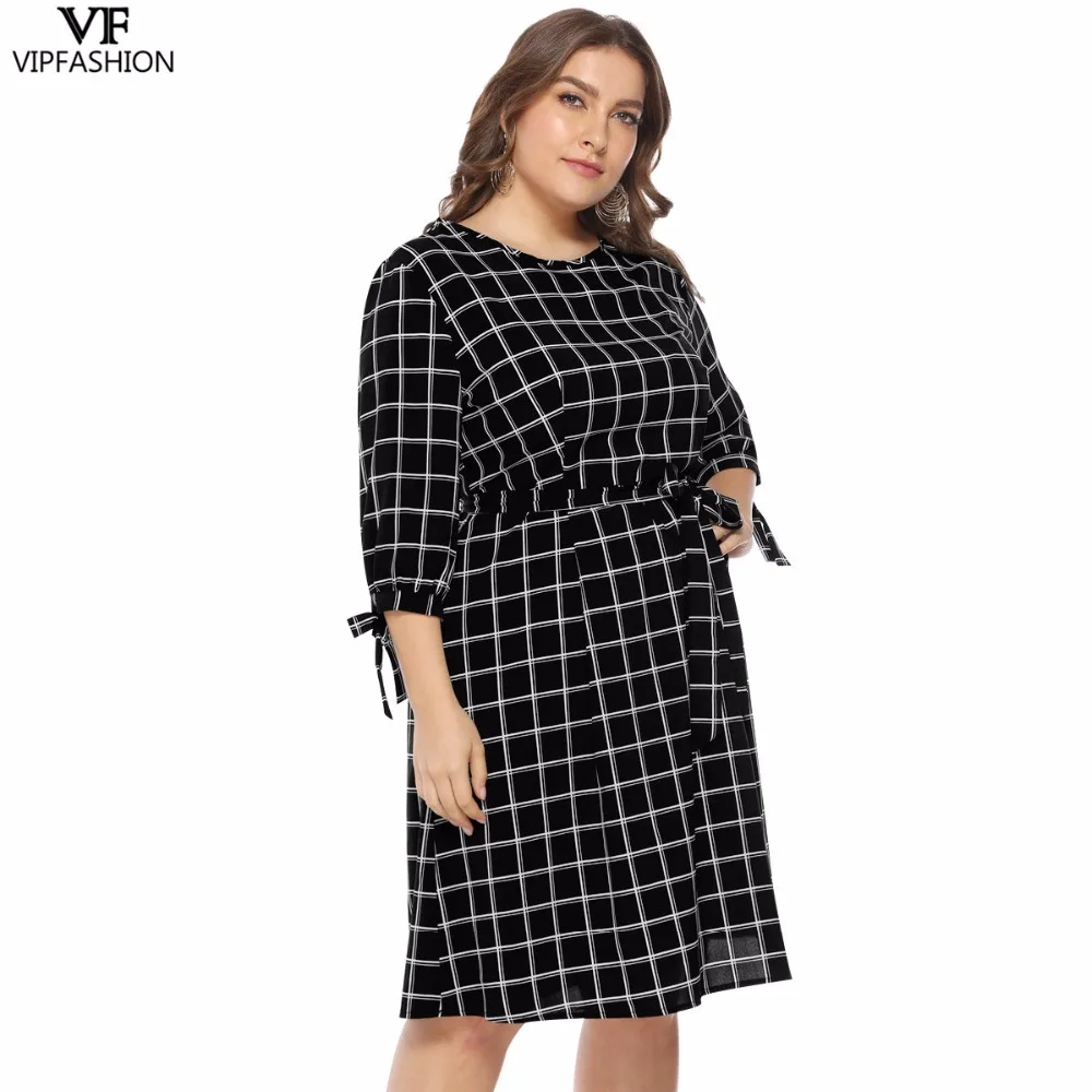 VIP FASHION 2019 Good Sale Plus Size Sexy Plaid Women's Dress Long Sleeve Knee-Length Ladies Summer Casual | Женская одежда