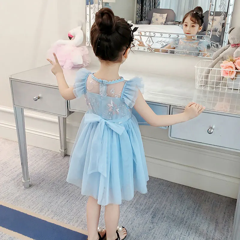 Детское голубое платье без рукавов для девочек 3-8 лет летние платья с вышитыми