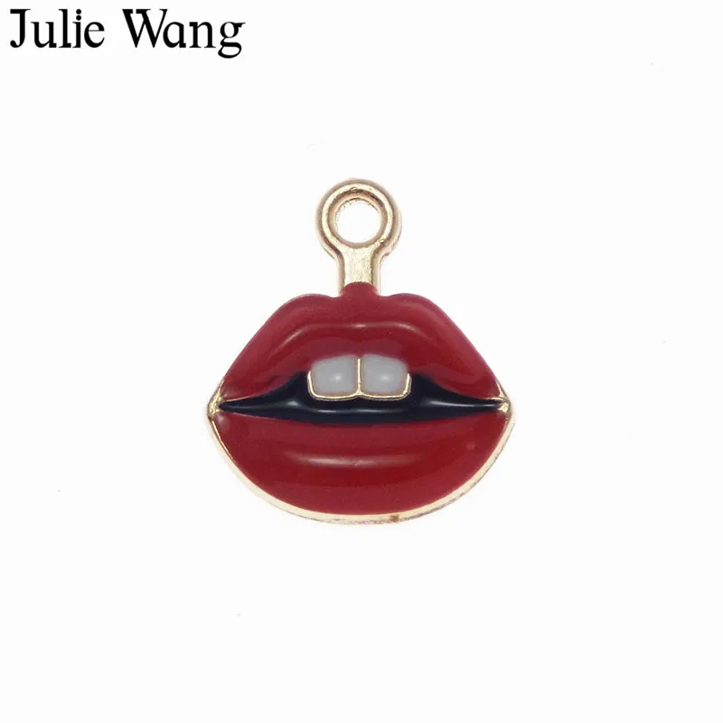 Julie Wang 6 шт. сплав Золотая основа розово красная/Красная эмаль губы Подвески зубы