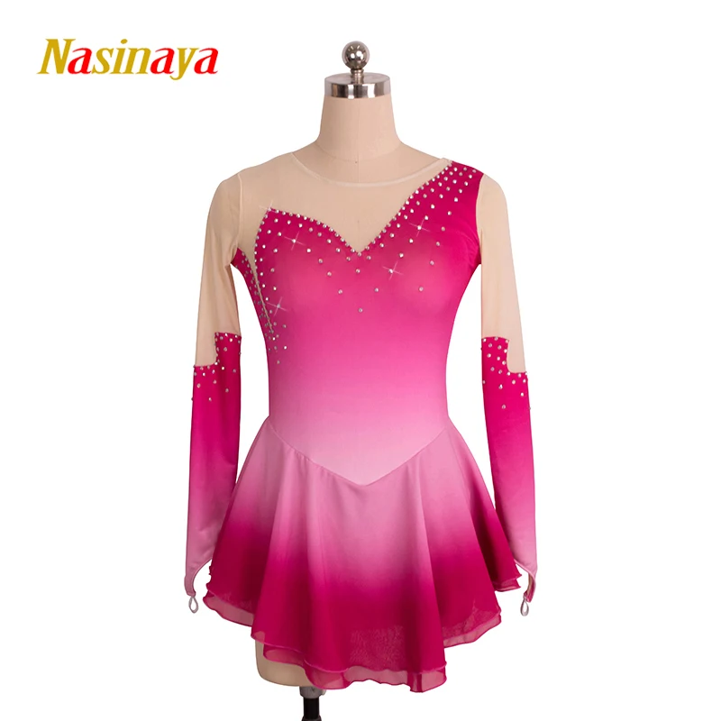 Nasinaya Figure Skating Dress Customized Competition Ice Skating Skirt for Girl Women Kids Gymnastics Performance Pink Rose Red