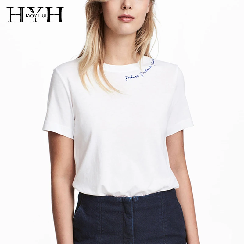 HYH HAOYIHUI бренд 2018 белые футболки с вышитыми буквами женские круглым вырезом и