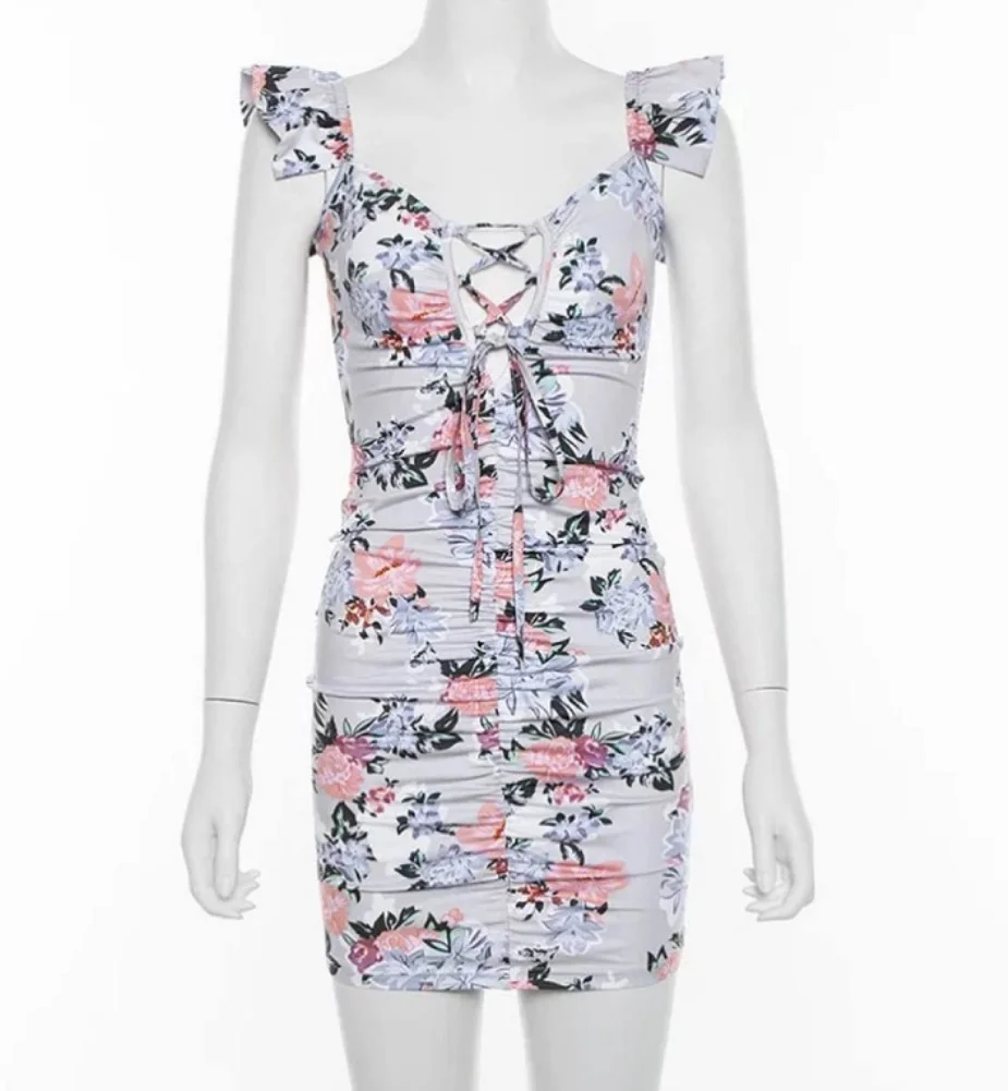 

Women Sexy Summer Bandage Sleeveless Deep V-neck Floral Ruffles Bodycon Mini Dress Evening Party Floral Gown Dress