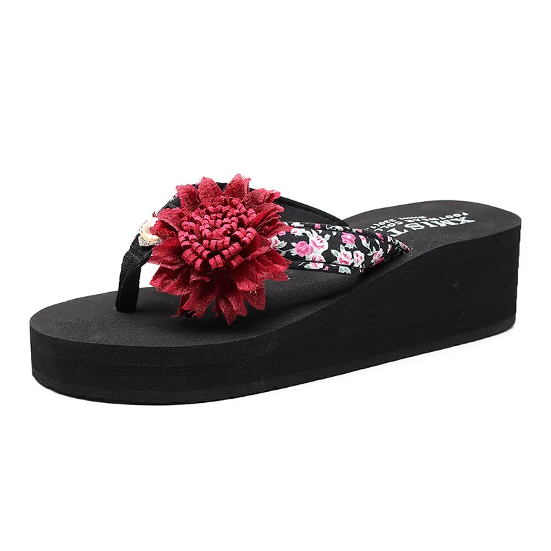 Женские пляжные шлепанцы на танкетке богемный стиль цветочный принт высокий
