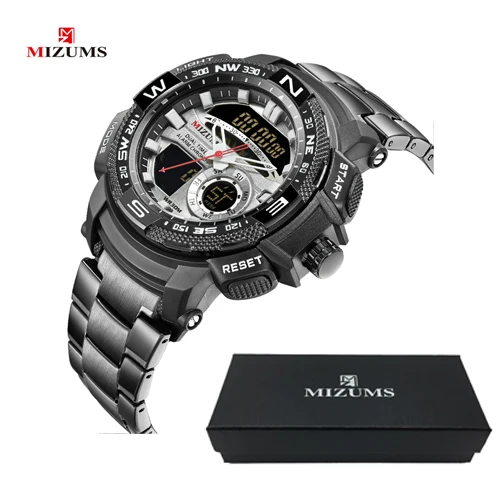 black with box 2 MIZUMS, военные наручные часы, светодиодный, цифровые, спортивные часы для мужчин, золото, нержавеющая сталь, ремешок, двойное время, кварцевые часы для мужчин, Relogio Masculino - Цвет: black with box 2