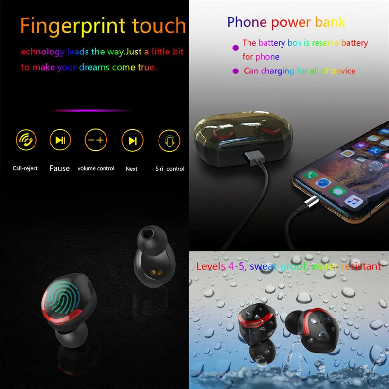 PYMH TWS Wireless Bluetooth 5.0 Earbuds Headphones 4D Stereo Sound IPX6 HIFI Headsets