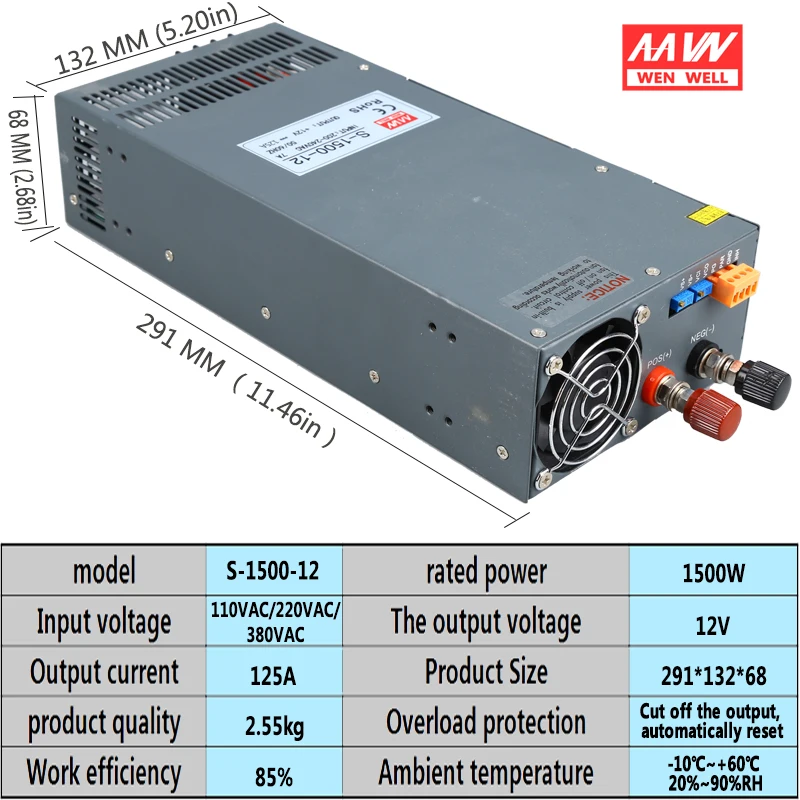 Высокомощный ток и напряжение 1500 Вт можно отрегулировать импульсный источник