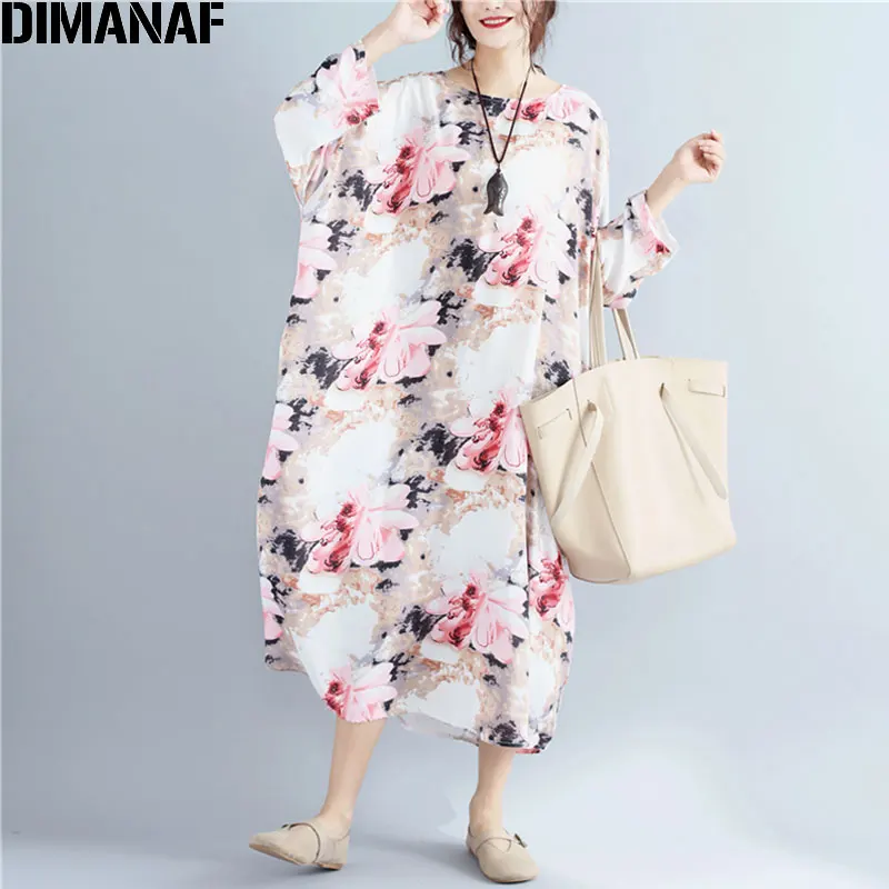DIMANAF Plus Size Autumn Women Dress Linen Floral Print Vintage Casual Female O Neck Pink Oversize Elegant Large Thin 5XL|Женские