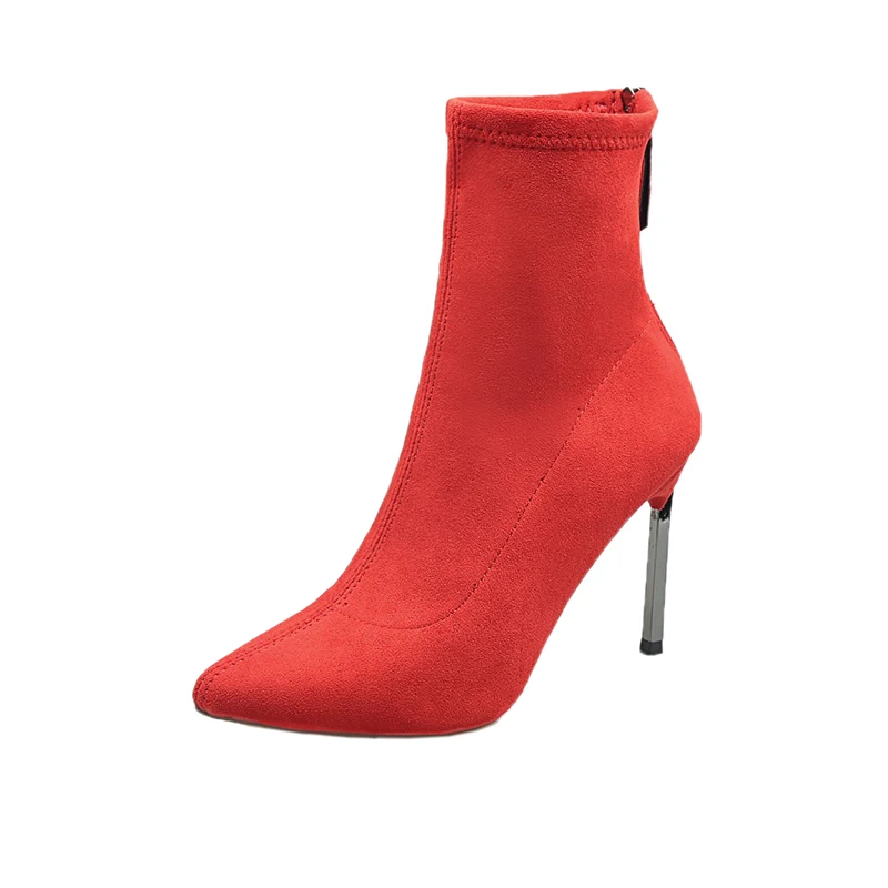 Red-Stiletto heel Aphixta/Сапоги на шпильке; женская обувь; женские сапоги из эластичной ткани на молнии; сапоги до середины икры с острым носком; эластичные высокие сапоги на тонком высоком каблуке - Цвет: Red-Stiletto heel