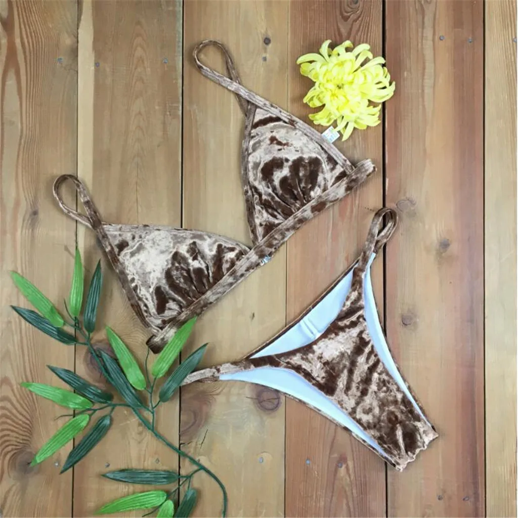 Женский бархатный купальник бикини SAGACE однотонный из двух предметов пляжная