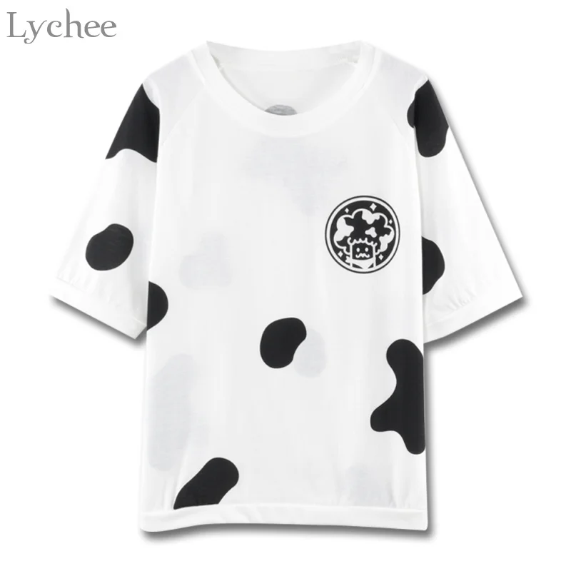 Lychee летняя женская футболка с принтом коровы черный белый цвет Kawaii Милая