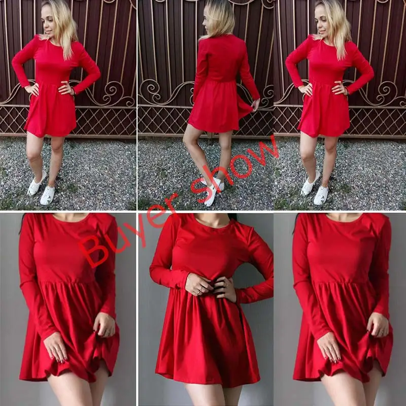 Осень-зима, женское платье, модное, однотонное, красное, черное, обычное, с круглым вырезом, сексуальное, Клубное, повседневное, милое, ТРАПЕЦИЕВИДНОЕ ПЛАТЬЕ, женские платья Vestidos