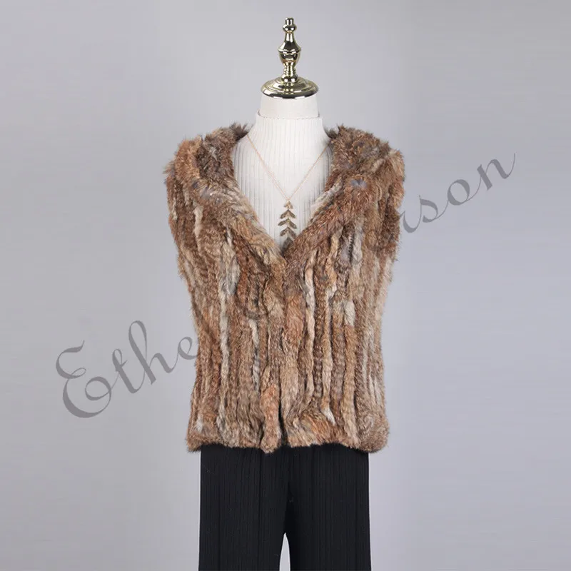 Real Rabbit Fur Jacket Gilet Hooded Womens Hand Knitting Vest Slim Waistcoat Outwear Coat Wholesale