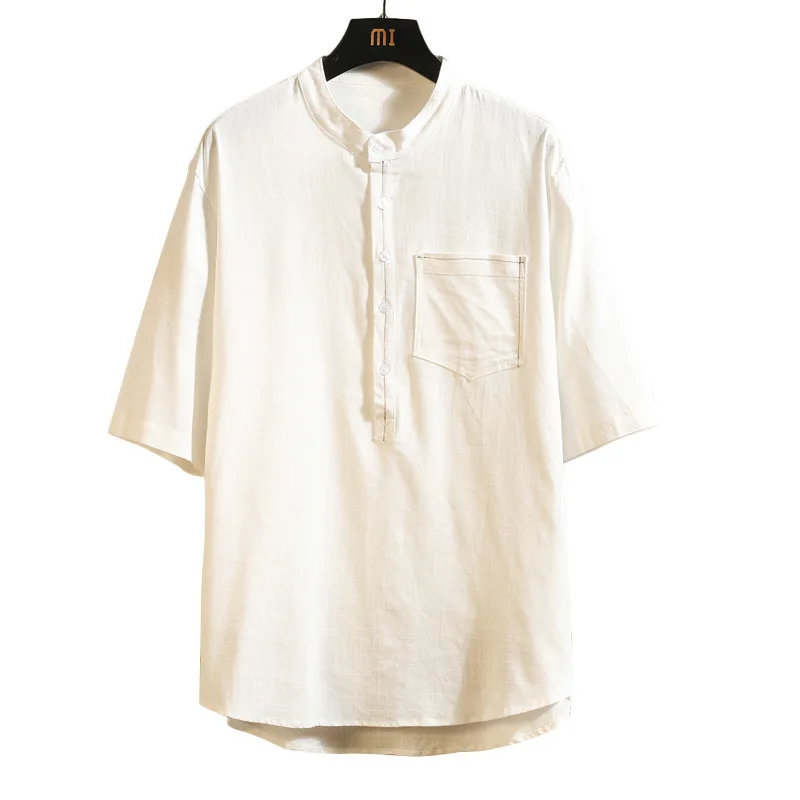 Men's Clothes Half Sleeve Shirt Stand Collar Men Short Chinese Style Japan Solid Casual | Мужская одежда