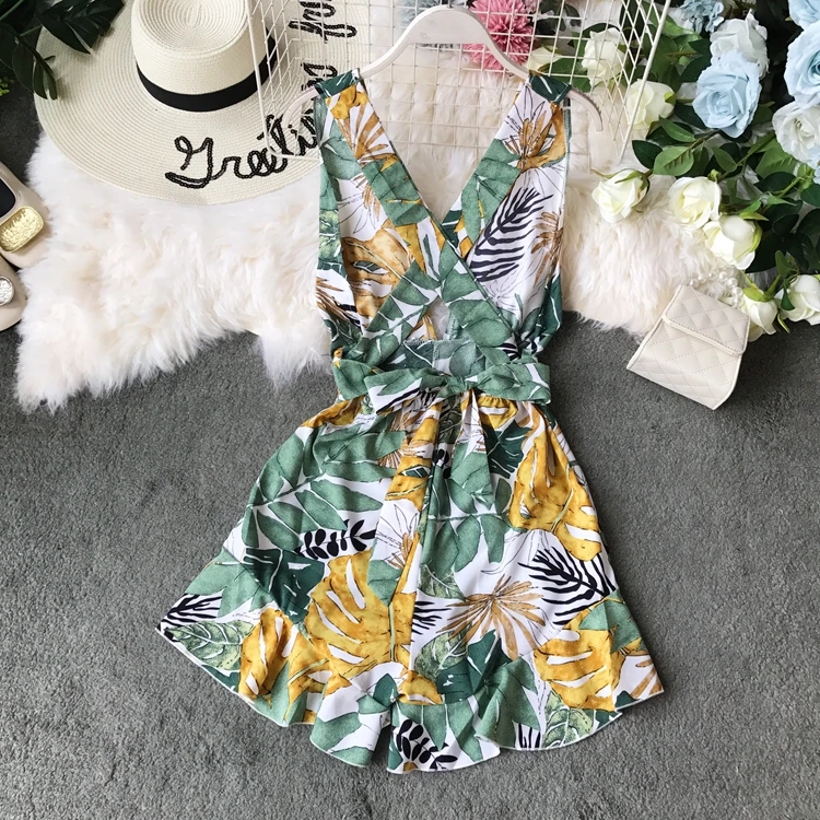 Пляжный Boho короткий женский летний комбинезон с открытой спиной и v-образным вырезом без рукавов комбинезон корейский цветочный принт плюс размер женский комбинезон